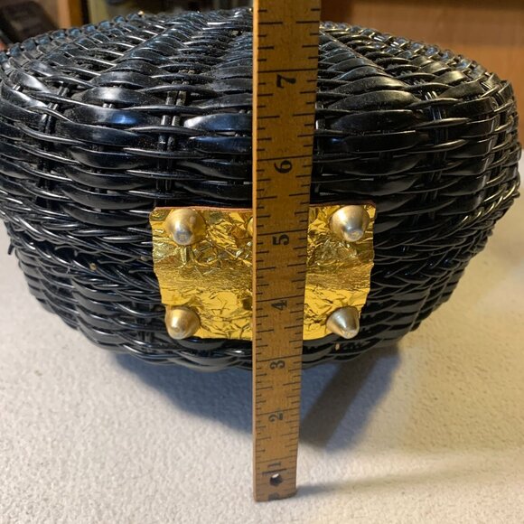 Vintage British Hong Kong Woven Wicker Basket Purse Handbag Black Gold - Picture 11 of 11